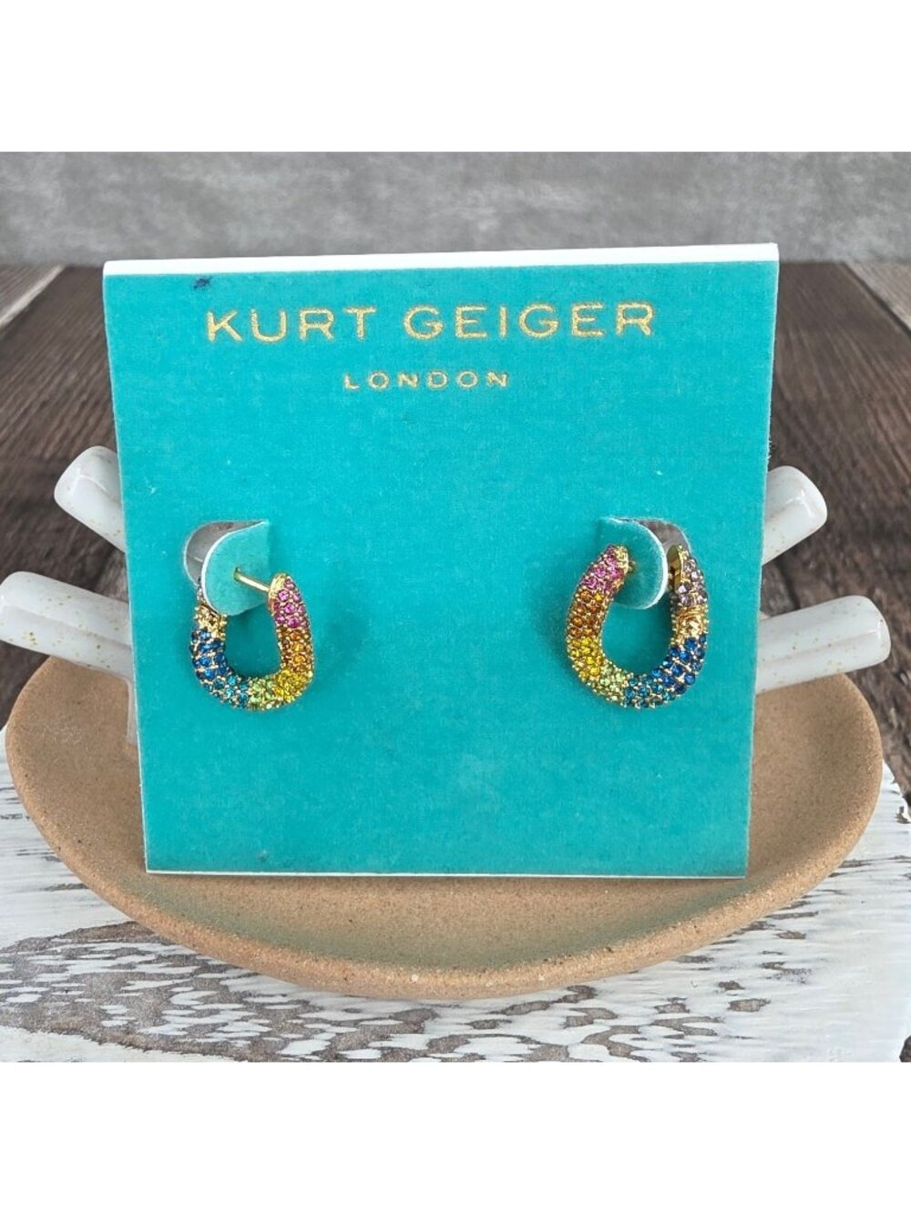 Kurt Geiger Crystal Curved Huggie Hoop Earrings Rainbow Colorful Pride Bling New